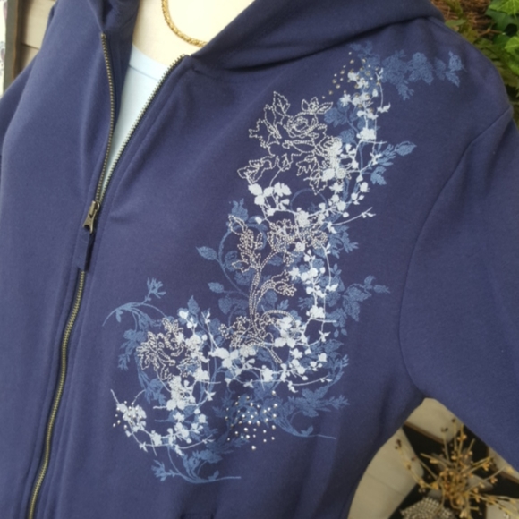 SONOMA ♡ Navy|White|Gray Embroidered | Embellished Floral L|S Hoodie Jacket PL - Picture 3 of 17